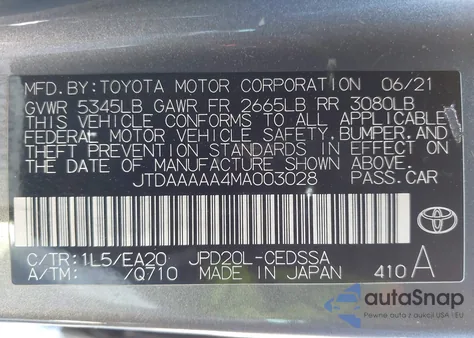 2021 Toyota Mirai Xle z USA, uszkodzony, nr VIN JTDAAAAA4MA003028